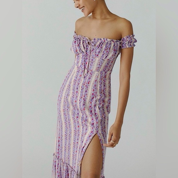 Urban Outfitters Olympia Lilac Floral Off-Shoulder Midi Dress Girly - Picture 1 of 11